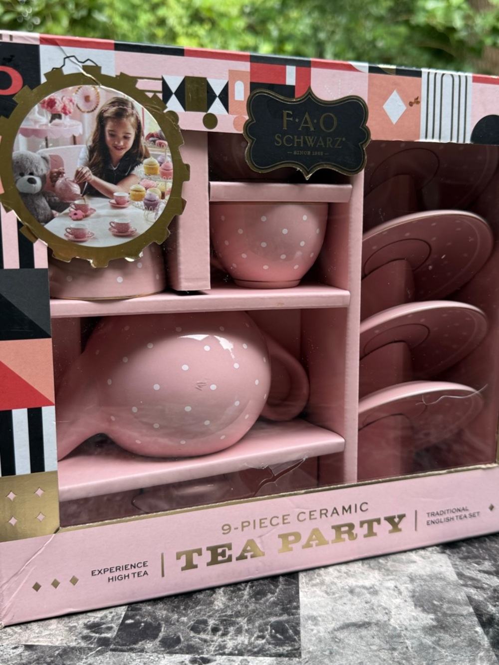 FAO Schwarz Pink Polka Dot Ceramic Tea Party Set - 9-Piece new